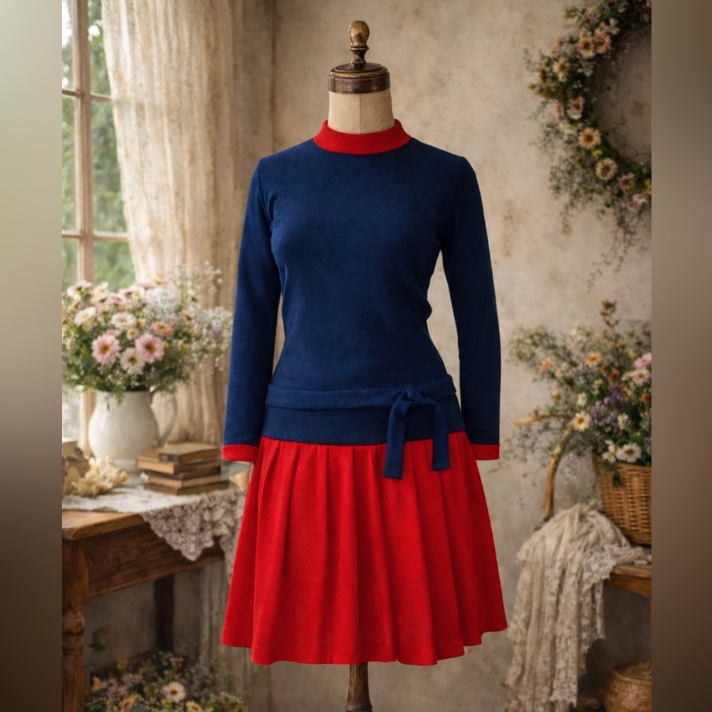 Vintage 1960s Bright Blue & Red, Drop Waist, Wool, Pleated, Long Sleeve Dress